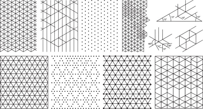 Isometric grid paper templates with geometric triangle and dot patterns for technical drawing and architectural design vector