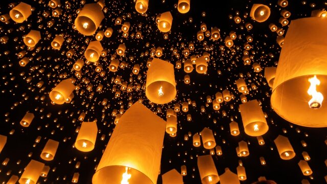 POV of glowing sky lanterns rising in night sky