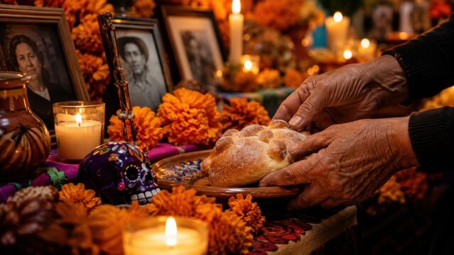 Hands placing pan de muerto bread on candlelit ofrenda