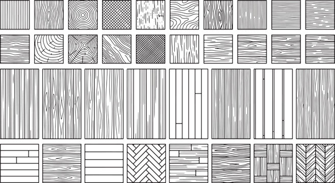 Set of hand drawn wood grain textures and floor patterns in black and white vector illustration