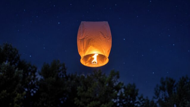 Glowing paper lantern floating in starry night sky above trees