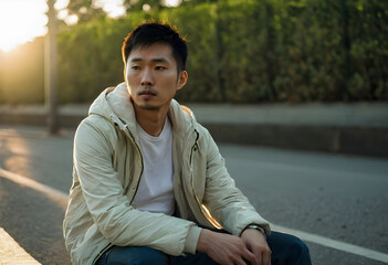 Fototapeta premium East Asian man sitting outdoors looking unwell at golden hour