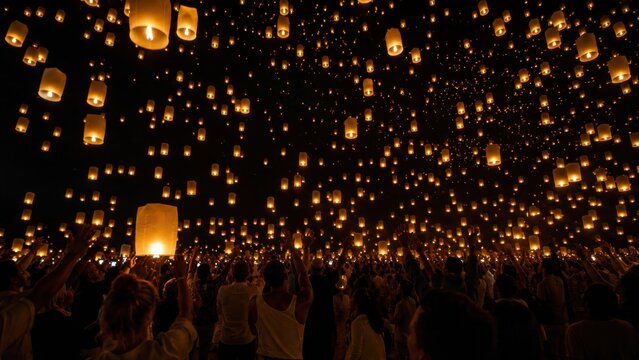 Crowds waving at floating lanterns during night festival