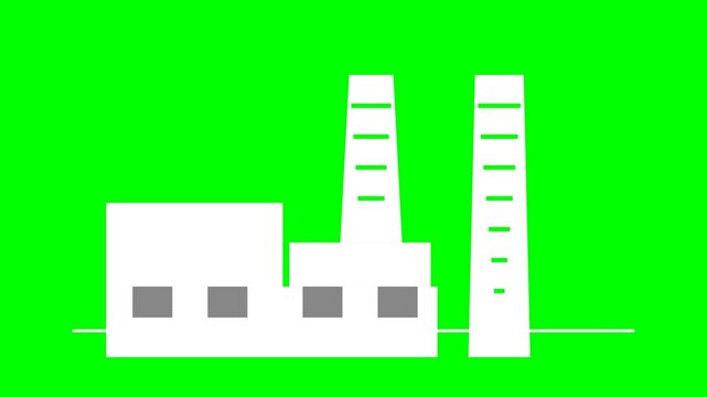 Simple white factory building with two tall chimneys on a bright green background.