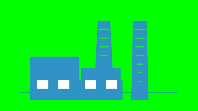 Blue factory building with smokestacks on green screen background.