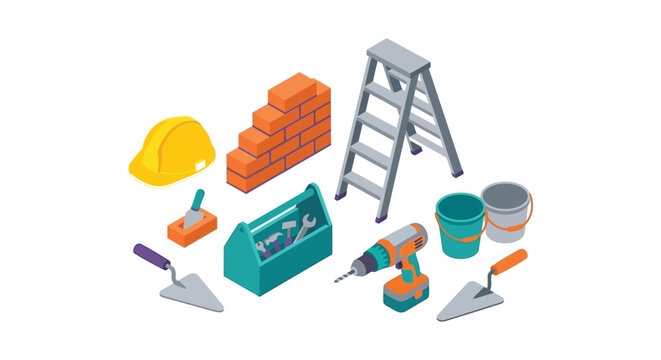 Construction tools and building materials isometric vector illustration on a white background ladder helmet bricks trowel bucket