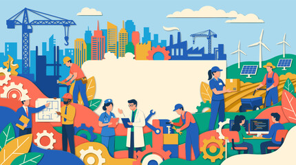 Fototapeta premium Celebrating essential workers and industry collaboration, this vibrant Labor Day poster illustrates diverse professionals contributing to a modern, sustainable economy