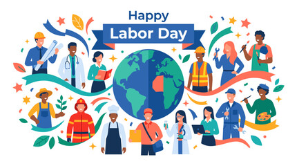 Naklejka premium Happy Labor Day Poster Celebrating Global Workforce and Diverse Professions