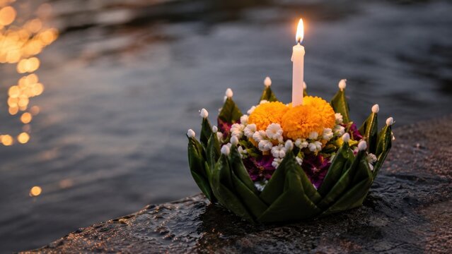 Traditional Thai krathong with candle and flowers on river