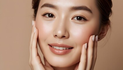 Obraz premium Radiant Beauty: A young woman with clear, glowing skin and a gentle smile poses with her hands touching her face, highlighting her natural beauty and delicate features.