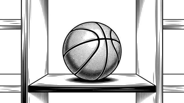 Basketball on wooden storage shelf engraving illustration.