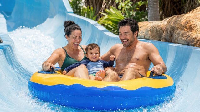 Family with toddler sliding down water slide in raft