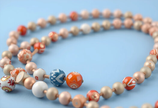 Close-up of colorful decorative beads on blue background