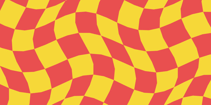 Distorted red and yellow checkered pattern vector background with warped geometric squares
