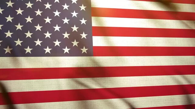 Waving American Flag. 3D United States of America flag with Sun lights and fabric texture. Close up USA flag.
