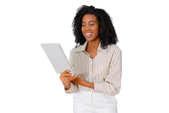 Happy black businesswoman using digital tablet, smiling and connecting online, transparent background