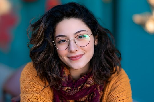 Young woman with curly dark hair wearing glasses and a yellow sweater smiles gently