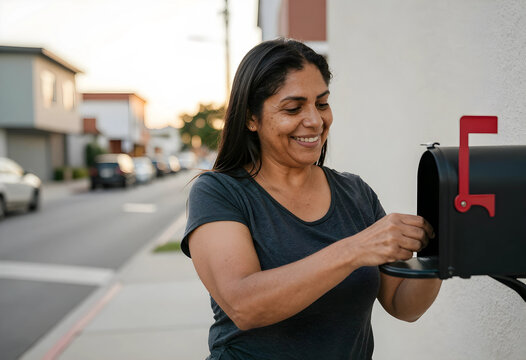 Happy middle-aged woman checking mailbox in urban neighborhood