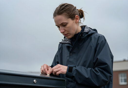 Focused woman checking mailbox on a grey day