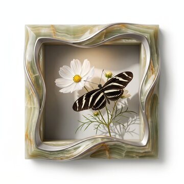 Black and white zebra butterfly resting on a delicate white flower in a decorative square frame