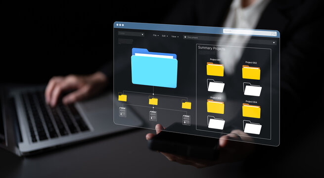 Modern Digital Workspace Showcasing Abstract Graphic of File Management System with User Interacting with Technology on Dark Background. Bitwise.
