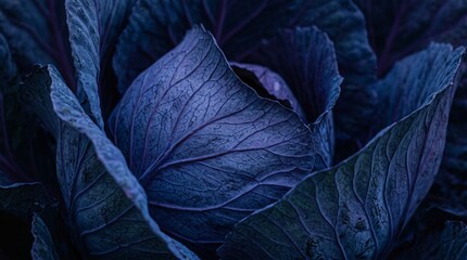Obraz premium Cabbage Leaves Close Up with Detailed Organic Patterns in Deep Purple Tones