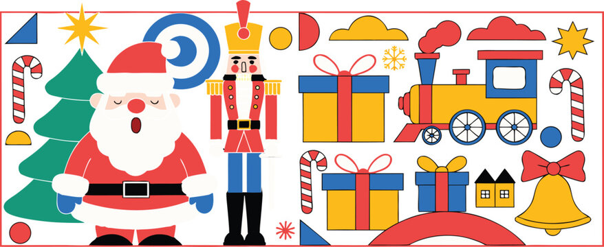 Santa Claus nutcracker soldier train gifts candy canes stars clouds and colorful shapes