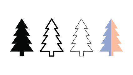 Obraz premium Pine tree evergreen icon set, filled outline sketch and flat color vector collection for forest camping