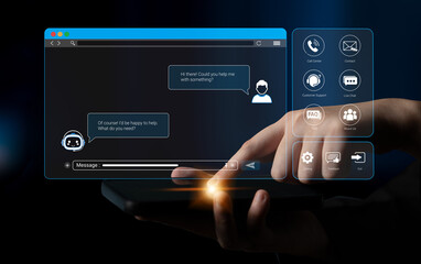 Fototapeta premium Digital Interaction Between User and Virtual Assistant with Chat Window Concept and Support Options Displayed on Smartphone Sigmoid