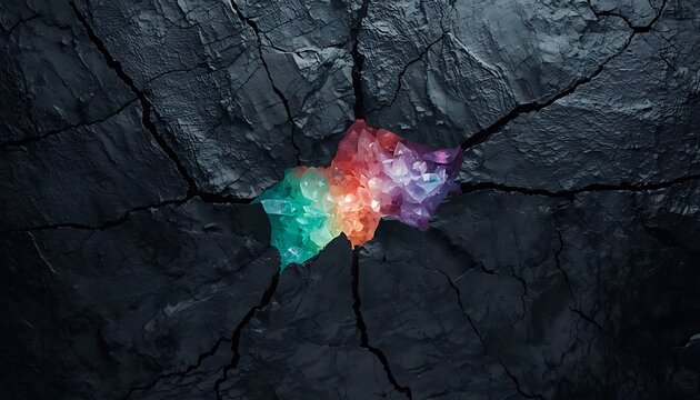 Stunning abstract background with colorful crystal formation erupting from dark cracked stone.