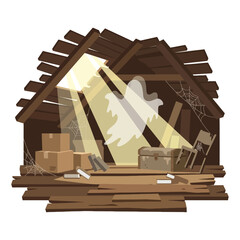 Sunlit abandoned attic with boxes and dusty ghost. © Bandi