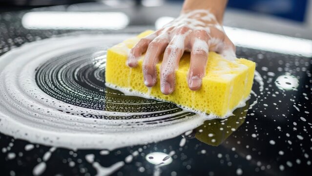 Cleaning a kitchen counter with a sponge
