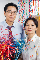 Obraz premium Two professionals celebrating with colorful confetti and streamers