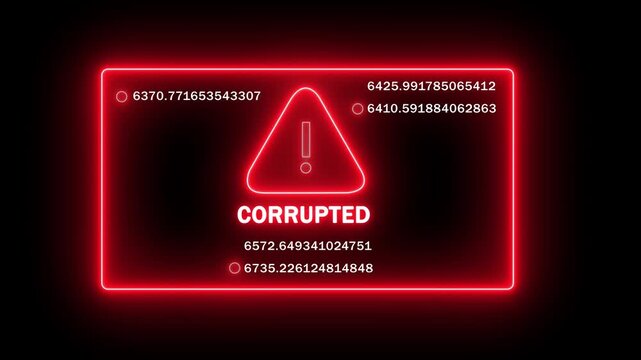 Neon red digital warning sign with corrupted data error message and rapidly changing numerical code sequences on a dark background, for cybersecurity, system, failure, and high-tech, technical 