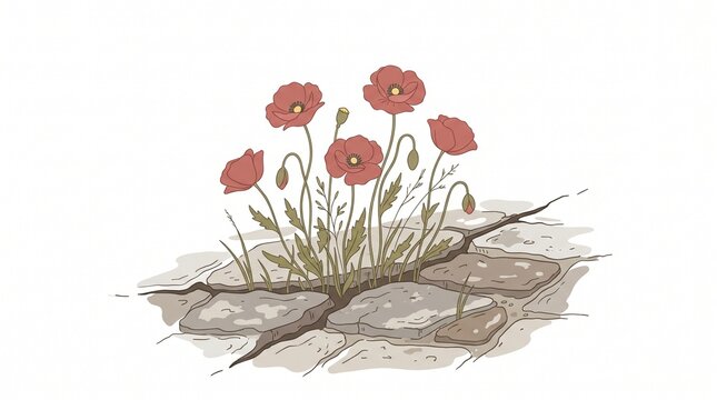 Red poppies sprouting through cracked pavement, urban nature reclaiming city street