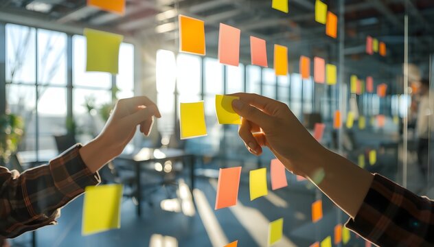 Sticky Note Collaboration: Hands reaching out to add colorful sticky notes to a glass wall, fostering a dynamic and collaborative brainstorming session within a modern office environment.