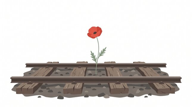 Red Poppy Flower Growing Between Railroad Tracks Vector Illustration