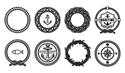Decorative round rope illustration set with twisted nautical cord frames marine knot circles and vintage maritime vector symbols © Mst Jui