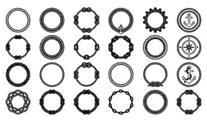 Round rope frame vector set with nautical twisted cord circles marine knot borders and decorative maritime logo emblems © Mst Jui