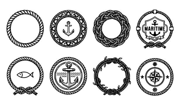 Decorative round rope illustration set with twisted nautical cord frames marine knot circles and vintage maritime vector symbols