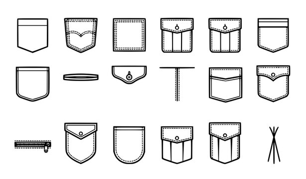 Modern clothing pocket collection with denim patch shirt cargo seam fashion and tailoring vector outline icons