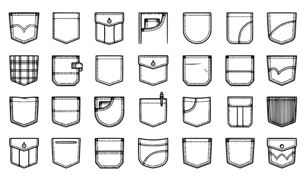 Patch pocket vector icon set with denim shirt cargo stitched clothing pockets and fashion sewing outline symbols