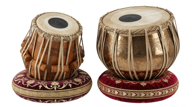 Intricately carved wooden tabla drum set isolated on a transparent background carving