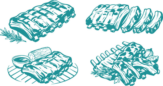 Hand Drawn Barbecue Pork Ribs Collection Vector Illustration Set with Grilled BBQ Ribs, Smoked Meat and Roasted Rack Cuts.
