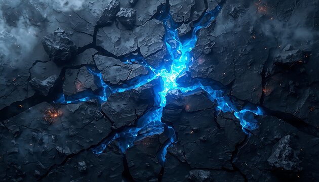 Cracked earth with glowing blue energy pulsing through fissures, creating electrifying abstract pattern.