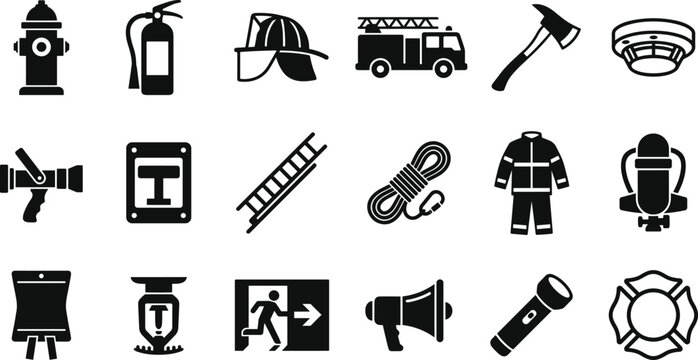 Firefighting safety clean black vector icons featuring fire extinguisher helmet fire truck hydrant axe alarm hose ladder rescue shield smoke detector and emergency equipment for web mobile apps