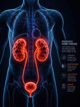 Polycystic Kidney Disease Infographic with Enlarged Cystic Kidneys and Urinary System