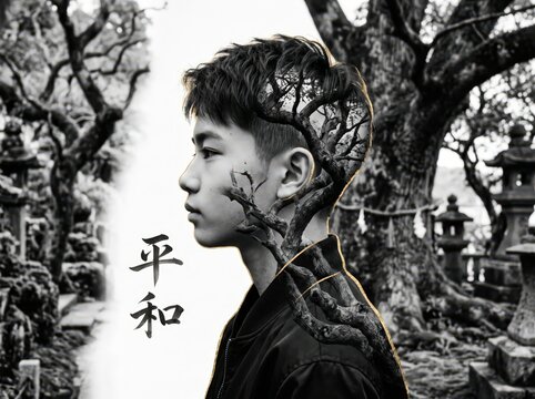 Black and white double exposure portrait of asian youth with gnarled tree branches and kanji text.