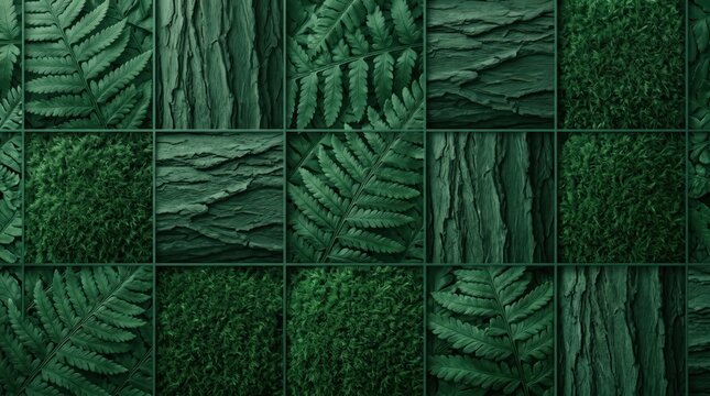 Natural green pattern of lush ferns and textured tree bark in square grid layout organic wallpaper.