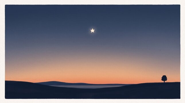 Minimalist Twilight Landscape with Lone Tree and Star Over Calm Water